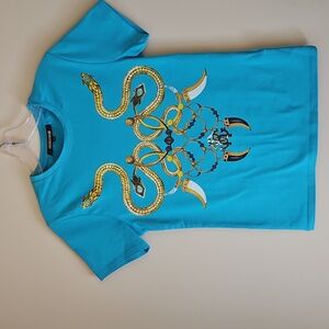 Roberto Cavalli Turquoise Tee with Snake Graphic